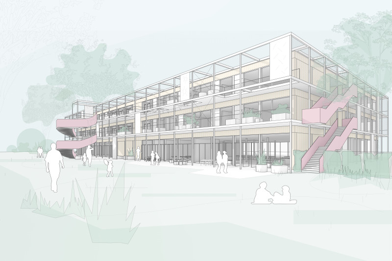 Moderne Gebäude-Visualisierung mit grünen Flächen und kreativen Treppen. хүмүүс auf dem Weg.