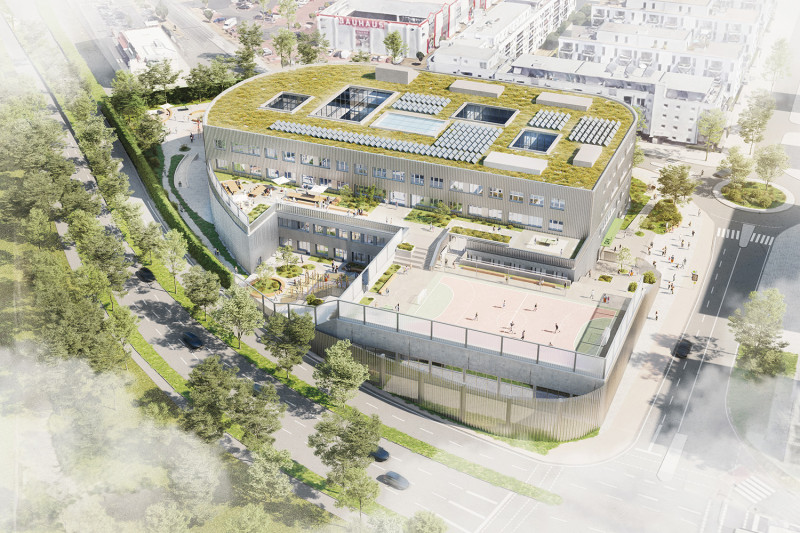 Moderne Gebäude mit Dachgarten und Solarpanels, umgeben von Grünflächen und Sporteinrichtungen.