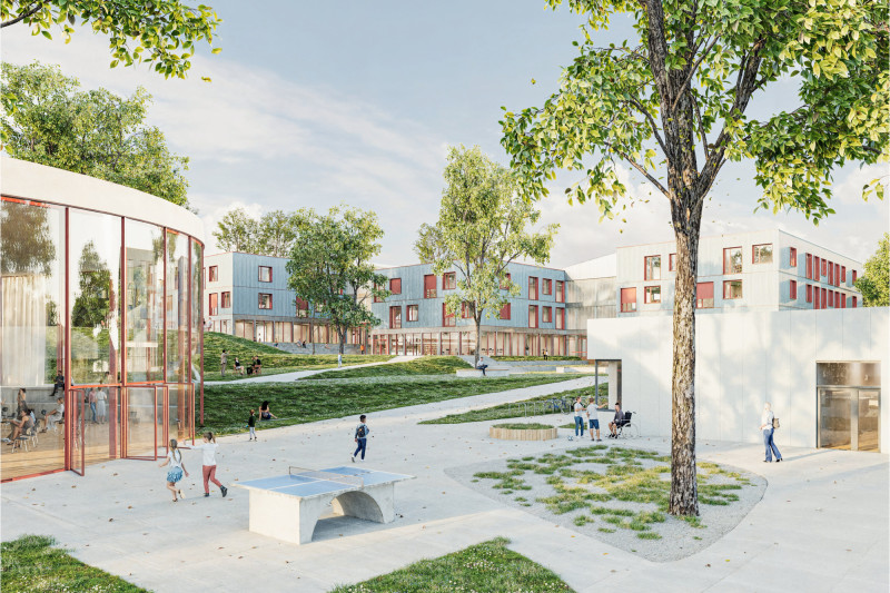 Moderne Wohnanlage mit Grünflächen, spielenden Kindern und architektonisch ansprechenden Gebäuden.