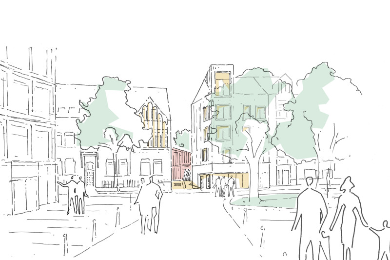 Visualisierung eines urbanen Platzes mit modernen Gebäuden, Bäumen und Passanten.