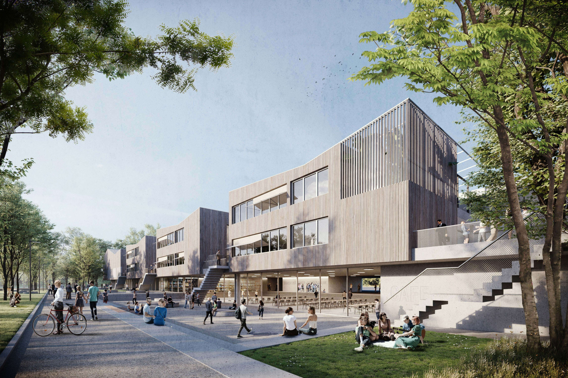 Visualisierung des dreigeschossigen Schulgebäudes mit einem bespielten Schulhof.