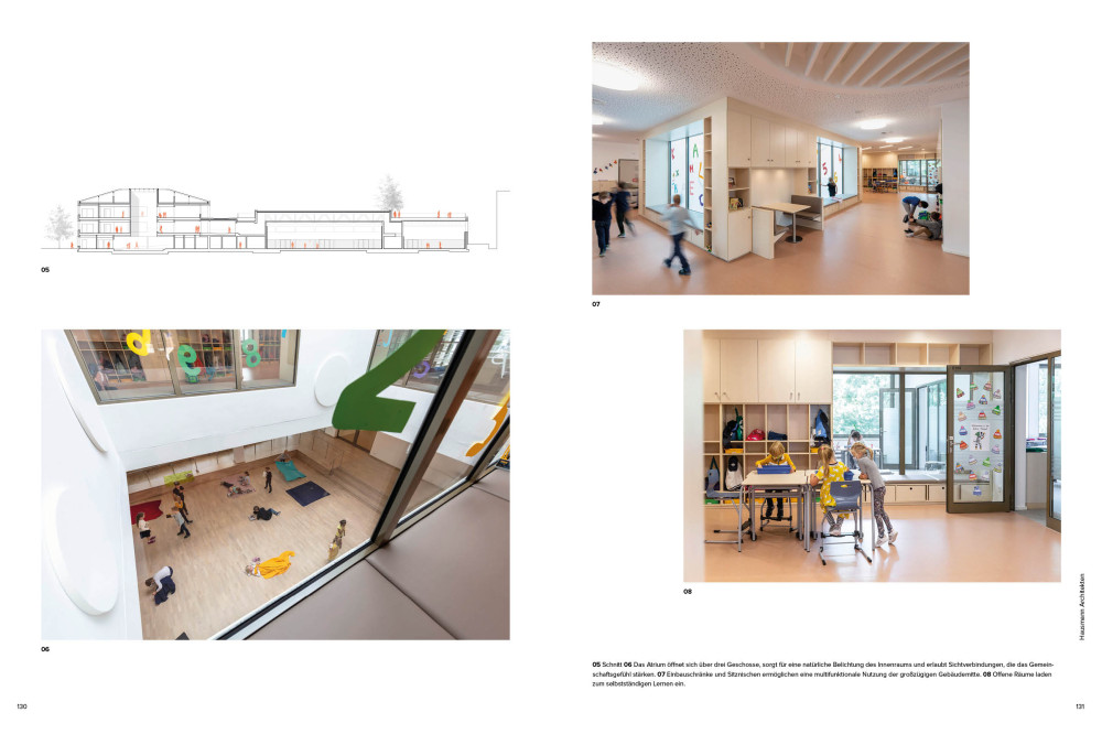 Blatt zeigt vier Bilder vom Spielbereich, Lernbereich, Flurbereich und einem Gebäudeschnitt der Schule.