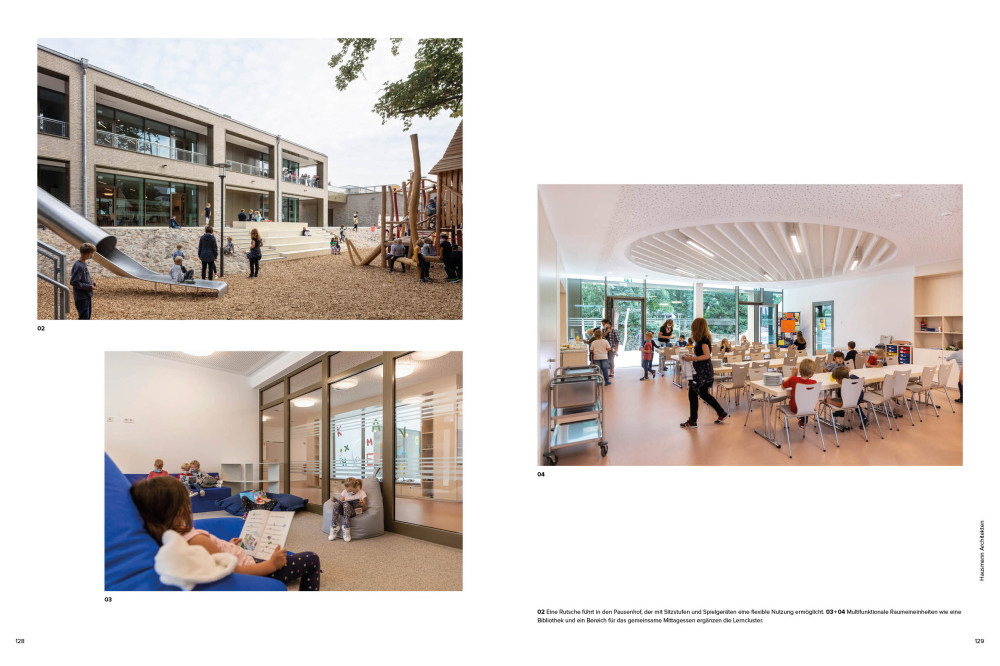 Blatt zeigt drei Bilder vom Schulhof, Lernbereich und Mensabereich der Schule.