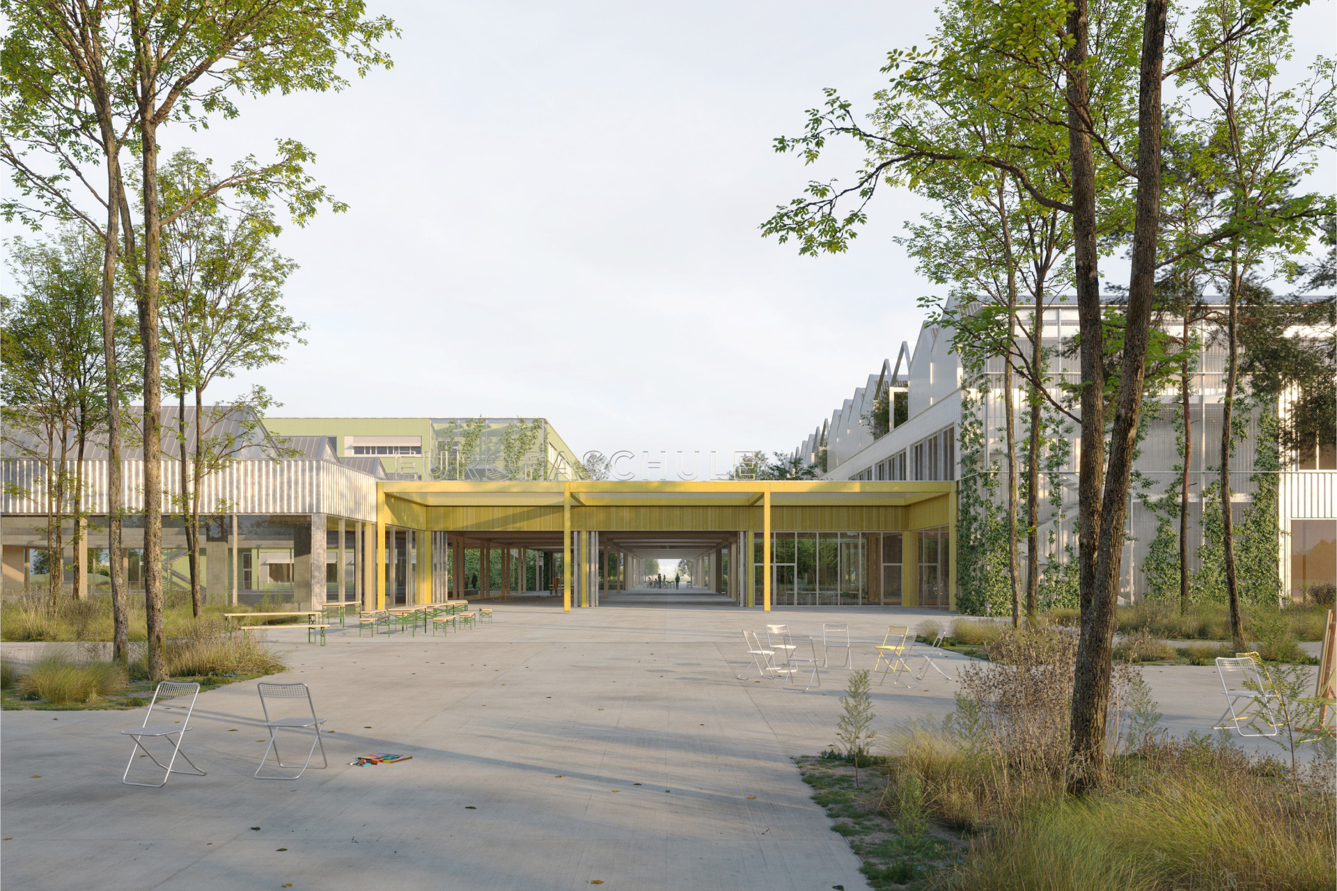 Architektonische Ansicht eines modernen Schulhofs mit gelbem Pavillon und begrünten Flächen.