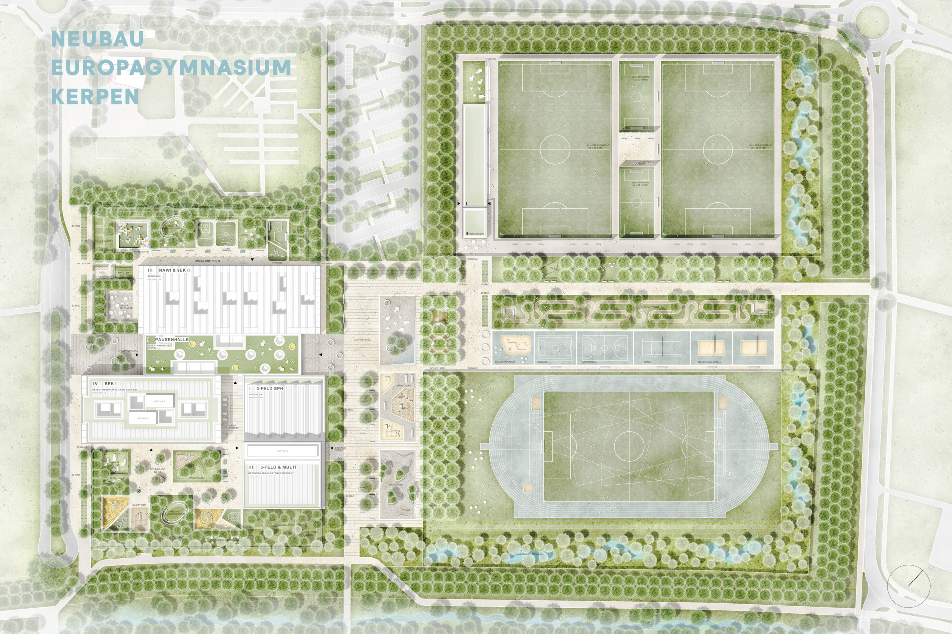 Plan des Neubaus für das Europagymnasium Kerpen mit Sportanlagen und Grünflächen.