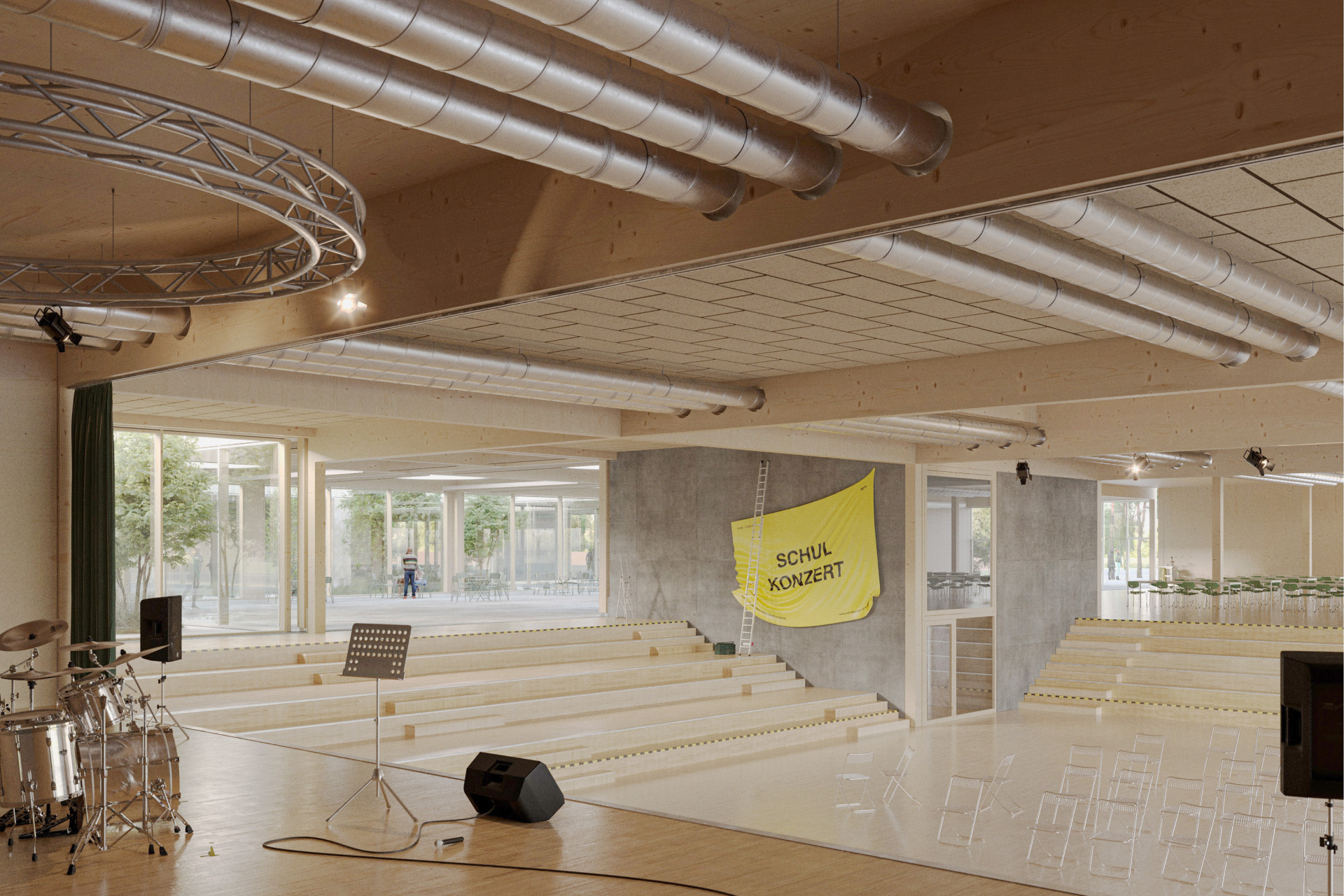 Moderne Schulkonzertbühne mit Holzoptik, leeren Sitzreihen und einem gelben Banner.