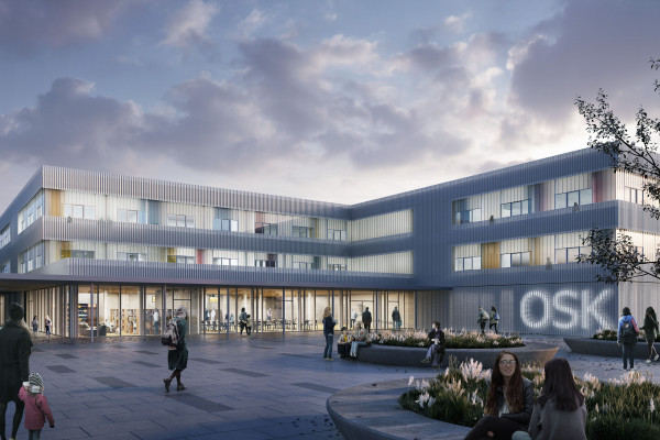 Visualisierung des dreigeschossigen Schulgebäudes mit Blick auf den Vorplatz und den Haupteingang.