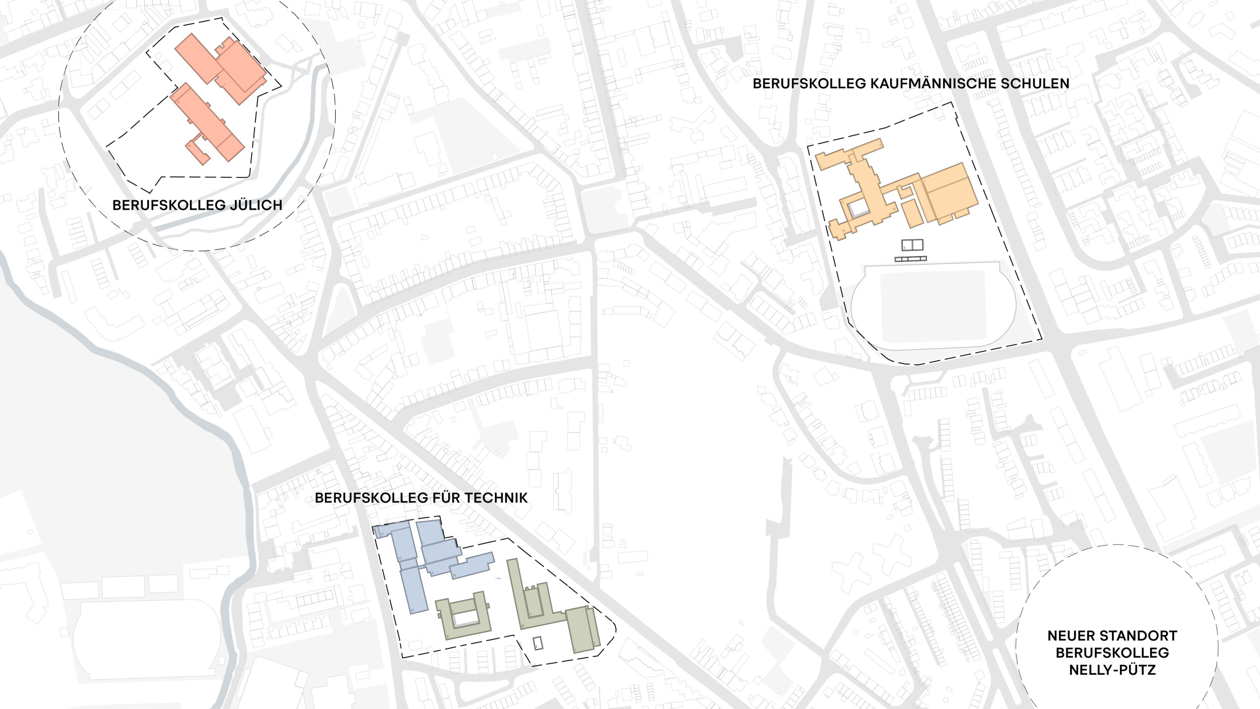 Grafik zeigt den Lageplan der vier Berufkollegs im städtischen Raum.