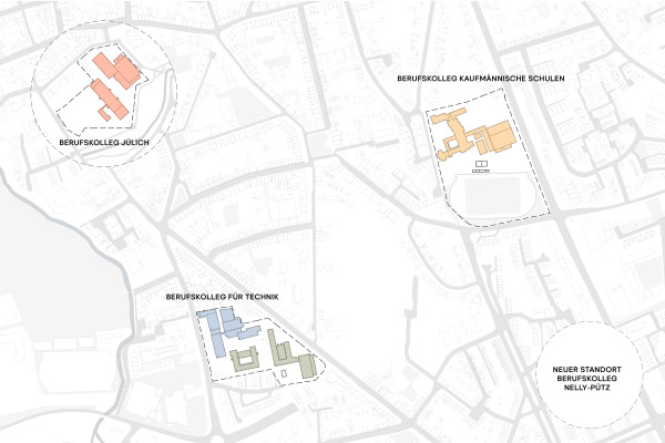 Grafik zeigt den Lageplan der vier Berufkollegs im städtischen Raum.