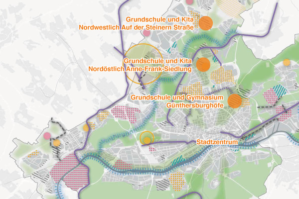 Grafik von einem Lageplan der den gesamten Stadtraum von Frankfurt zeigt und die drei Standorte für die weitere Bearbeitung markiert.