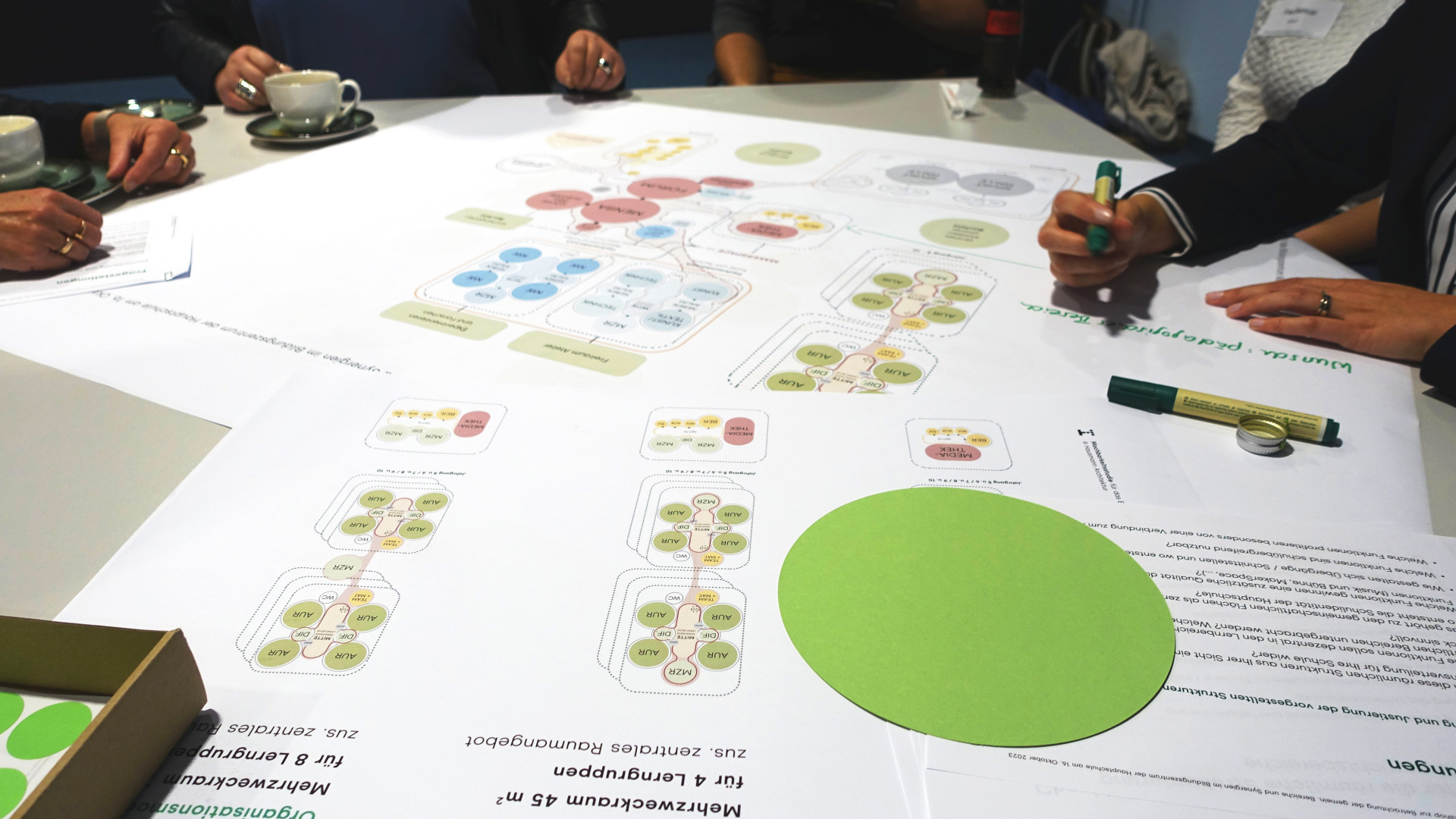 Teilnehmer diskutieren aktiv über Grafik- und Organigramm-Layouts bei einem Workshop.