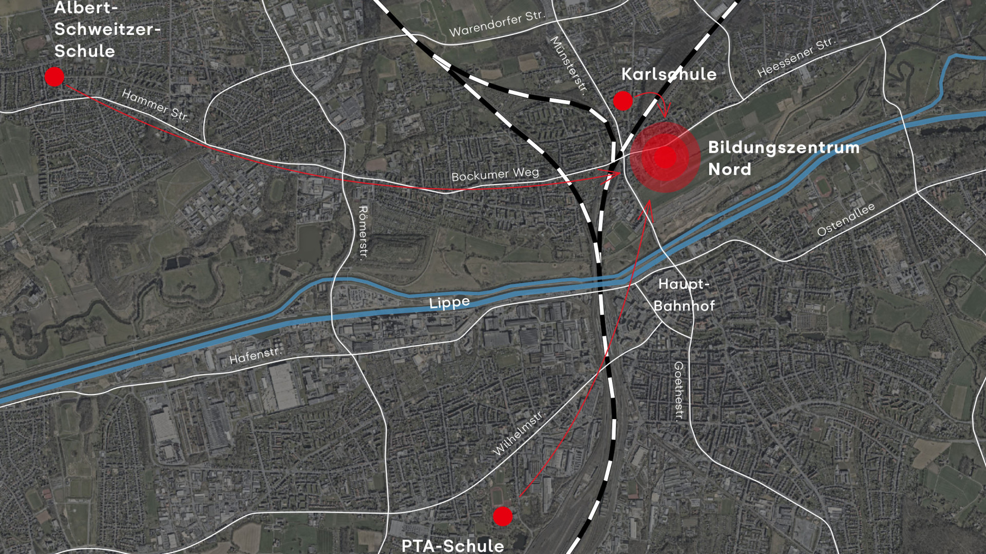 Karte mit Standorten von Schulen und dem Bildungszentrum Nord, vernetzt durch Straßen.