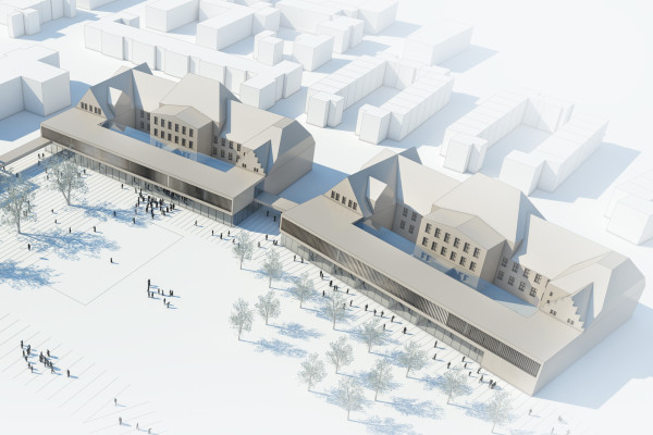 Visualisierung von einem Luftbild, das den Pausenhof und zweigeschossigen Anbau an das Bestandsgebäude zeigt.