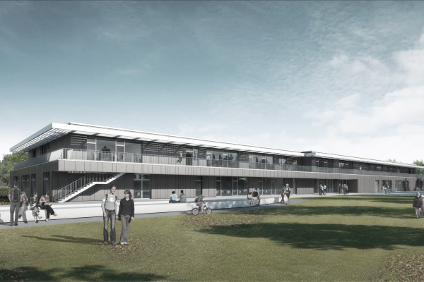 Visualisierung der zweigeschossigen Schule mit umlaufenden Fluchtbalkon im ersten Obergeschoss.