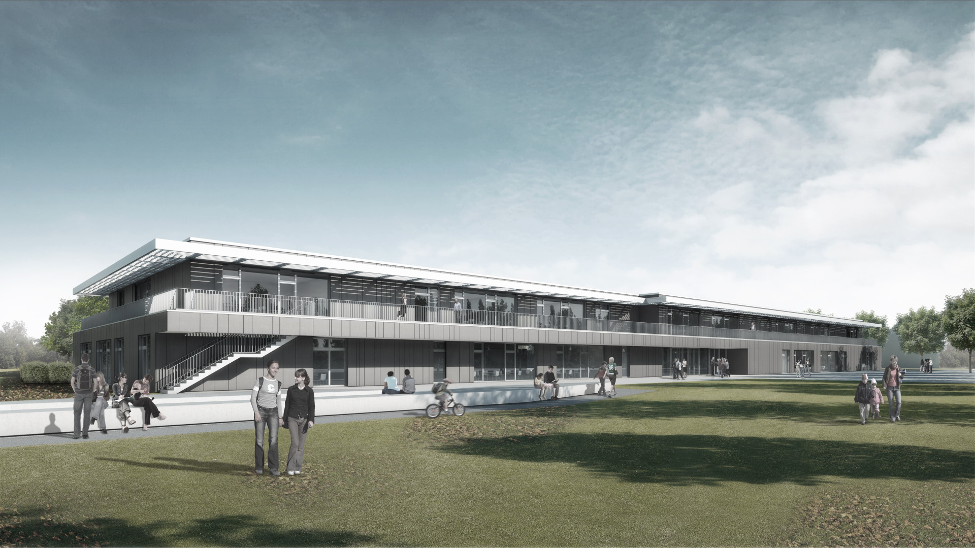 Visualisierung der zweigeschossigen Schule mit umlaufenden Fluchtbalkon im ersten Obergeschoss.