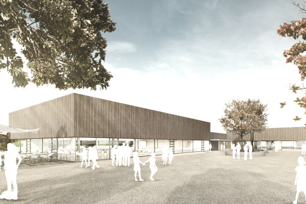 Visualisierung zeigt das zweigeschossige Schulgebäude mit dem Mensabereich im Erdgeschoss und dem Schulhof im Vordergrund.
