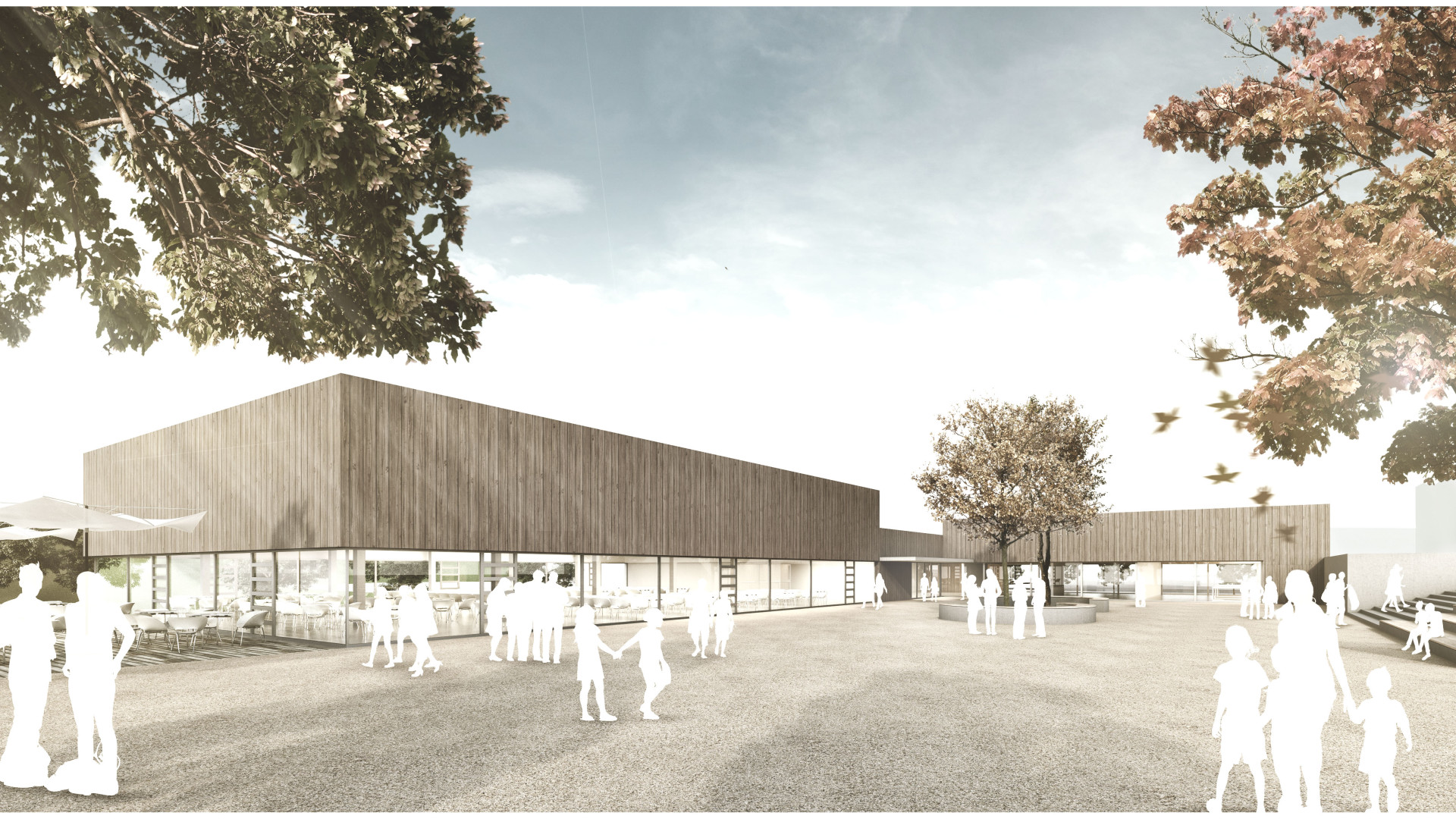 Visualisierung zeigt das zweigeschossige Schulgebäude mit dem Mensabereich im Erdgeschoss und dem Schulhof im Vordergrund.