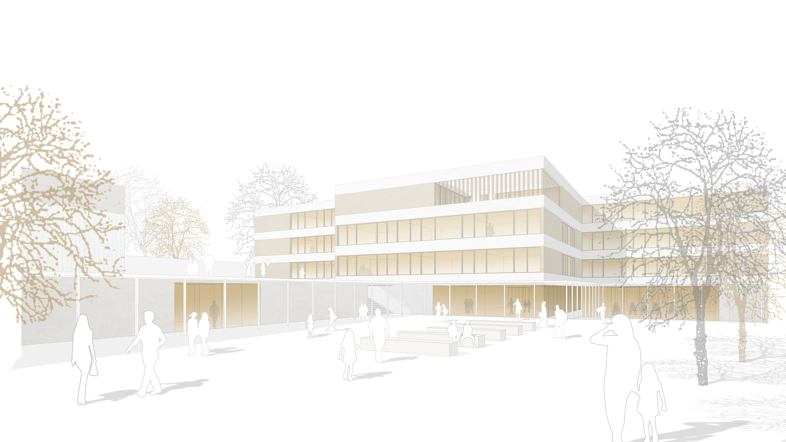 Visualisierung vom viergeschossigen Schulgebäude mit dem bespielten Schulhof im Vordergrund.