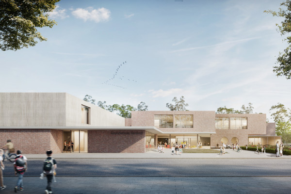 Visualisierung von einer zweigeschossigen Grundschule und einem bespielten Vorplatz.