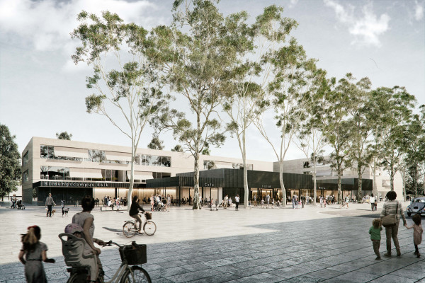 Visualisierung zeigt den neuen dreigeschossigen Bildungscampus mit einem vorgelagerten eingeschossigen Forum zum bespieltem Vorplatz der Schule.