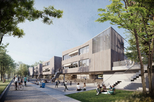 Visualisierung des dreigeschossigen Schulgebäudes mit einem bespielten Schulhof.